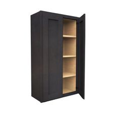 an open cabinet with shelves on both sides and no doors in the middle, against a white background