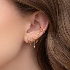 Elevate your ear stack, with no piercing required? Sold. Triple Earring Combinations, Connecting Chain Earrings, 3 Hole Ear Piercing Earrings, Simple Gold Ear Stack, Gold Dainty Ear Stack, Trendy Piercings, Ear Styling Ideas, Dainty Earring Stack, Silver Ear Stack