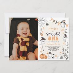 a halloween photo card with a baby in a scarf on it's chest and the words, happy halloween spooky oats