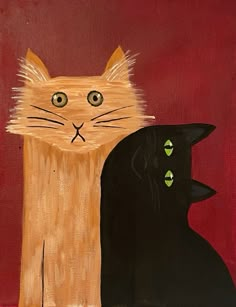 two cats are standing next to each other in front of a red background with green eyes