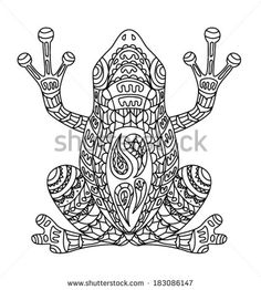 a black and white drawing of a frog sitting on the ground with its legs spread out