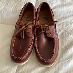 Never Worn. Some Scratches On Right Top Of Toes. Burgundy Leather Casual Red Leather Dress Shoes, Casual Burgundy Loafers With Leather Sole, Burgundy Leather Casual Loafers, Casual Burgundy Leather Loafers, Formal Leather Lace-up Boat Shoes, Sperry Shoes, Red Brown, Leather Loafers, Slip Ons