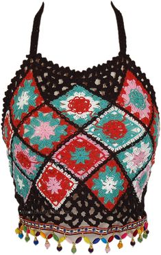 A crochet bohemian sleeveless halter top in black base and red and green pattern. The top hugs from the waist up and gives a fit look. #tlb #Sleeveless #CrochetClothing #beachwrap Bohemian Black Halter Top For Festivals, Black Bohemian Halter Top, Black Sleeveless Halter Top For Festival, Fitted Multicolor Crochet Halter Neck Top, Multicolor Fitted Halter Neck Crochet Top, Bohemian Multicolor Sleeveless Halter Top, Bohemian Black Crop Top For Vacation, Red Sleeveless Crochet Top, Black Fitted Halter Neck Crochet Top