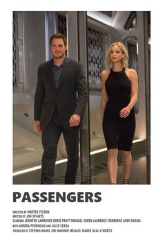 a man and woman walking in front of a glass door with the words passengers on it