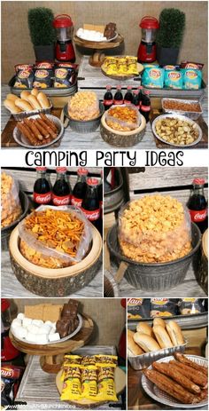 a table filled with lots of food next to bottles of soda and cans of beer