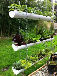 an outdoor garden with plants hanging from it's sides