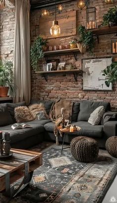 a living room filled with furniture and lots of plants on top of the shelves above