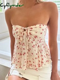 Strapless Off Shoulder Ruched Tube Tops Women Front Tie-up Ruffles Summer Party Clubwear Tank Floral Print Mini Vest Fairy Aesthetic Clothes, Aesthetic Clothes Y2k, Traje Cowgirl, Backless Shirt, Dirndl Outfit, Bandeau Tops, Bandeau Crop Top, Summer Streetwear, Tube Tops