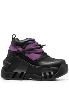 Black/violet Amazon platform sneakers from SWEAR featuring two-tone design, round toe, drawstring fastening, logo patch at the tongue, pull-tab at the heel and platform sole. Your sneakers are custom-made and shipped within five weeks. Due to the bespoke nature of the service, SWEAR is unable to accept returns or offer refunds. Handmade in Portugal.. | Swear Amazon platform sneakers Human Donnie, Dirt Core, Techwear Shoes, Rave Shoes, Tom Girl, Jay Walker, Shoes Closet, 90s Rave, Platform Combat Boots