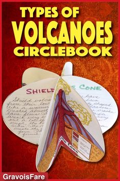 the types of volcanos circlebook is shown in red and yellow with writing on it