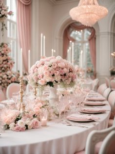 the table is set with pink and white flowers, candles, and place settings for an elegant dinner