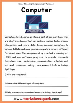 the worksheet for computer is shown in orange and white with an orange background