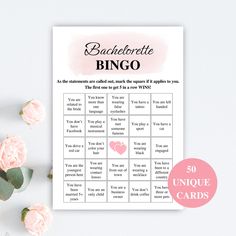 a bachelor party game with pink roses on the side and a card that says bachelor bingo