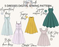 five dresses sewing patterns with the text 5 dresses digital sewing pattern for beginners