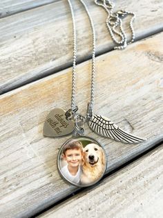 "Custom Photo Memorial Necklace, Loss of Loved One Charm Necklace, Stainless Steel Custom Picture necklace, In Memory Jewelry Stainless steel custom photo pendant with YOUR photo, Angel wing charm, and small engraved heart charm that reads \" Always with me\" makes a beautiful tribute to a special someone (loss of loved one) Keep them with you always! Here is a listing if you would like to add an additional photo charm https://www.etsy.com/listing/987123242/photo-charm-stainless-steel-charm-only Memorial Pendant Jewelry For Father's Day, Personalized Memorial Dog Tag Jewelry, Personalized Dog Tag Jewelry For Memorial, Silver Charm Necklace For Mother's Day Memorial, Stainless Steel Jewelry For Memorial On Mother's Day, Stainless Steel Jewelry For Mother's Day Memorial, Memorial Locket Jewelry For Mother's Day, Mother's Day Memorial Locket Jewelry, Memorial Charm Pendant Necklace For Valentine's Day