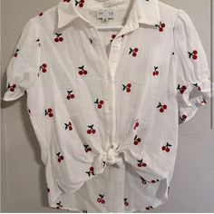 White Blouse With Embroidered Red Cherries, Never Worn. Make An Offer Because We Are Moving! Casual Red Cherry Print Tops, Red Shirt For Spring And Summer, Red Strawberry Print Tops For Spring, White Strawberry Print Shirt For Spring, Red Cherry Print Tops For Spring, Red Strawberry Print Top For Spring, Casual Red Blouse With Floral Embroidery, Red Cherry Print Top For Spring, Cute Red Summer Blouse