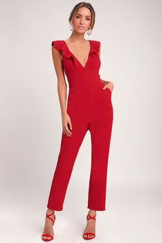 Chic Red Jumpsuit - Ruffled Jumpsuit - Red Formal Jumpsuit Fall Fashion Skirts, Rompers Dressy, Trendy Jumpsuit, Formal Jumpsuit, Ruffle Jumpsuit, Sorority Recruitment, Backless Jumpsuit, Strapless Jumpsuit, Red Jumpsuit