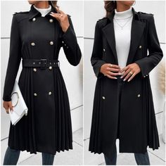 Classic Black Pleated Minimalist Jacket Coat S M L Xl, 100% Polyester, Ships In 7-8 Days Chic Solid Color Outerwear For Business Casual, Chic Business Casual Solid Color Outerwear, Chic Pleated Spring Outerwear, Black Buttoned Outerwear For Fall, Black Long Sleeve Formal Outerwear, Fall Pleated Outerwear For Office, Pleated Outerwear For Fall, Fall Office Outerwear Pleated, Fall Office Pleated Outerwear