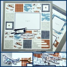 an airplane themed scrapbook page is shown with the words exploring and photoshopped on it