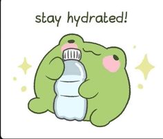 a green teddy bear holding a water bottle with the words stay hydrated on it