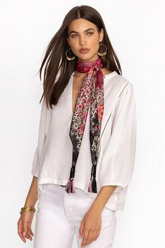 Artfully crafted from 100% flowing silk, the Pink Lace Silk Scarf is a must-have accessory. Featuring a vibrant print adorned with bold floral blooms, this luxurious scarf adds the perfect touch of color to your look. Tie at the neck or to the handle of a statement handbag for an extra bit of flare that adds visual interest to your look. Johnny Was Women's Pink Lace Scarf in Pink Lace Scarf Print, Silk, Floral Bohemian Silk Scarves For Spring, Bohemian Silk Scarf, Bohemian Floral Print Scarves For Festivals, Spring Traditional Silk Scarf, Bohemian Silk Scarves For The Beach, Bohemian Silk Scarf For Summer, Elegant Silk Scarf For Festivals, Traditional Silk Scarf For Summer, Spring Festival Silk Scarf