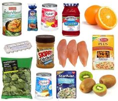 an assortment of healthy food items displayed on a white background, including oranges, kiwis, spinach and other foods