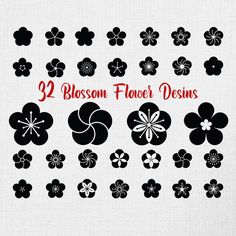 12 blossom flower designs in black and white with red text on the bottom right corner