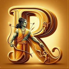 the letter r is made up of gold and features an image of hindu god with arrows