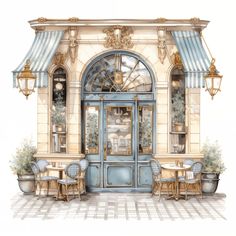 a watercolor drawing of a restaurant with tables and chairs outside the front door, surrounded by potted plants