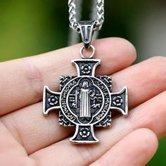 Sacred Cross Jesus Necklace Stainless Steel Pendant Vintage Religious Jewelry Prayer Hand, St Benedict Cross, Jesus Necklace, Mens Cross Necklace, Hand Pendant, Cross Jesus, Necklaces Pendant, Saint Benedict, Mens Crosses