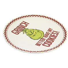 This Cookie Platter Is Both Festive And Fun, Displaying A Grumpy Grinch Decal With A Playful Pun On Words. His Big Green Face Decorates The Center With Red Rick Rack And Polka Dots Highlighting The Rim Of The Platter.. 11.5 In H X 0.75 In W X 11.5 In D. Purchase includes One Platter. Cookies Platter, Dr Seuss Christmas, Cookie Platter, Rick Rack, Diy Holiday Decor, Back To School Supplies, Dr Seuss, Gift Coupons, Grinch