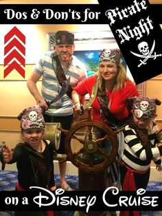 two adults and one child are posing for a photo while dressed up as pirates on a disney cruise