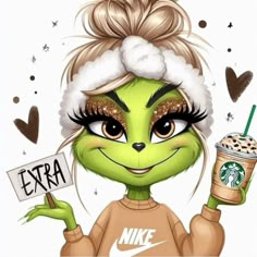 a cartoon character holding up a starbucks drink and wearing a santa hat with the word extra written on it