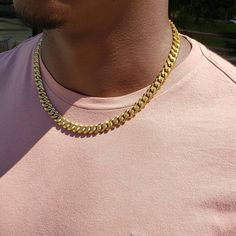 Our Thick Men's Cuban Link Chain Necklace is made of hypoallergenic stainless steel with a gold plated finish. It's handcrafted in Los Angeles, California and each piece is quality-guaranteed. Wear it alone or layered with other Cuban link chains for an edgy look that doubles as everyday casual wear. The Cuban link style is perfect for layering or even wearing solo. ✔Hypoallergenic ✔Quality Guaranteed  ✔Water Resistant WIDTH: 9mm MATERIAL: stainless steel dipped in real 18k gold COLOR: gold Gold Stainless Steel Figaro Chain Necklace, Gold Stainless Steel Necklace With Figaro Chain, Gold Stainless Steel Jewelry With Curb Chain, Gold Stainless Steel Curb Chain Jewelry, Gold Cuban Link Stainless Steel Chain Necklace, Gold Cuban Link Necklace Metal Gift, Gold Metal Cuban Link Necklace As Gift, Gold Metal Cuban Link Necklace For Gift, Gold Stainless Steel Chain Link Necklace