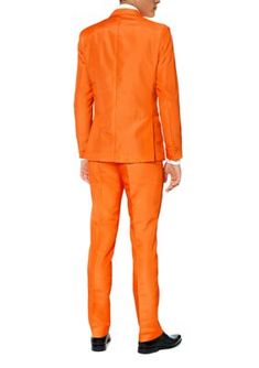 Orange combines the energy of red and the happiness of yellow, so this orange suit instantly spreads some positives vibes. The slim fit outfit consists of a jacket, pants and a tie. The pants have an adjustable waistband for a perfect fit. | Suitmeister Men's Solid Orange 2 Piece Suit + Tie, Large Orange Notch Lapel Suit For Work, Spring Orange Tailored Suit, Orange Tailored Suit With Notch Lapel, Orange Suits For Spring Formal Events, Fitted Orange Workwear Sets, Classic Fitted Orange Suit, Slim Fit Outfit, Orange Suit, Suit Tie