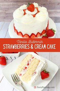 vanilla buttermilk strawberries and cream cake with fresh strawberries on the side