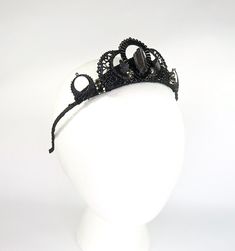 "To see these crowns live-in-action, check out @LoschyDesigns on Instagram as well as hashtag #LoschyCrowns Extends 2\" tall from metal headband base Brass filigree stampings are hand-sewn to crown base and painted black. Raw Black Tourmaline stones and Gray gemstones are attached with heavy-duty 2-part resin epoxy. Comfortable and flexible - great for all head sizes from children to adults. ---- Planning to dance all day and night? Bobby pins can easily be used for added securing --- Interested Handmade Adjustable Crown, Handmade Adjustable Crown Headband, Adjustable Structured Crown Headpiece As Gift, Handmade Teardrop Crown For Parties, Elegant Black Headpiece With Tall Crown, Handmade Adjustable Crown For Parties, Handmade Adjustable Crown For Party, Adjustable Black Crown Headpiece, Elegant Handmade Crown For Parties