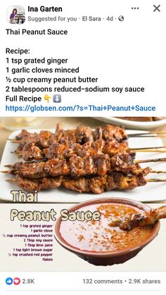 the menu for thai peanut sauce is displayed on an instagramture page, and it appears to be in english