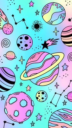 an image of the planets and stars in pastel blue, pink, yellow and green