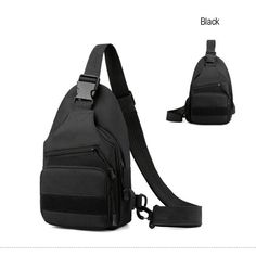 a black sling bag with straps on the bottom and side pockets, one shoulder strap is attached