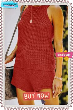 Round Neck Knit Sleeveless Two Pieces Sets Red Knit Sleeveless Sweater Vest, Red Sleeveless Knit Sweater Vest, Casual Sleeveless Sweater Vest For Vacation, Sleeveless Solid Knit Top For Summer, Sleeveless Knit Top For Beach In Fall, Red Knit Sleeveless Vest, Sleeveless Red Knit Vest, Red Sleeveless Sweater Vest For Summer, Solid Knit Sweater Vest For Summer