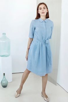 Get ready for work while feeling comfortable with this awesome ​Linen Shirt Dress with Pockets. Perfect as this is a great way to look fashionable while still remaining ​office apparel,​ work dress​ ​ladies shirt dress​ professional. This medium weight linen. Not only is this ​handmade dress​ stylish, but it’s also very high quality. Cotton Collared Shift Dress, Blue A-line Shirt Dress For Daywear, Fitted Half Sleeve Shirt Dress For Summer, Shift Dress With Half Sleeves For Work, Collared Linen Daywear Dresses, Collared Linen Day Dress, Collared Linen Dress For Daywear, Light Blue Collared Cotton Dress, Half Sleeve Buttoned Dress For Workwear