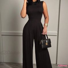 Qteee - Chic and Simple Sleeveless Jumpsuit with Slim Fit and Printed Design Black Sleeveless Bodysuit For Work, Casual Sleeveless Bodysuit In Solid Color, Casual Sleeveless Solid Color Bodysuit, Casual Sleeveless Bodysuit For Night Out, Black Sleeveless Solid Jumpsuit, Casual Sleeveless Bodysuit For Work, Sleeveless Black Jumpsuit, Tank Jumpsuit, Halter Neck Jumpsuit