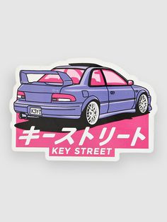 a sticker with an image of two cars on the street in japanese writing that says key street