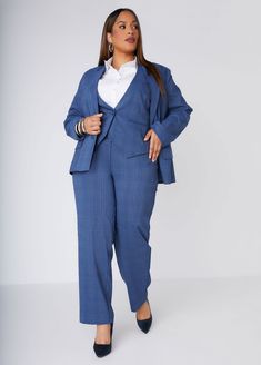 Our plaid twill trousers are a top tier style especially worn as a three-piece with our vest & blazer. Womens Navy Suit, Formal Pant, Professional Outfit, Plus Size Work, Plus Size Blazer, Twill Trousers, Plaid Suit, Vest Blazer, Blazer Designs