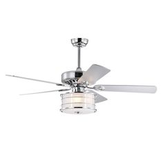 a ceiling fan with two white blades and a light fixture on the top of it