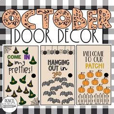 the october and october door decor is displayed in front of a checkered table cloth