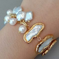 8'' Freshwater White Biwa Keshi Pearl Potato Pearl Chain Bracelet | eBay Pearl White Oyster Bracelet Jewelry, Handmade Gold Pearl Metal Bracelet, Handmade Gold Pearl Bracelet, White Pearl Bracelets With Adjustable Chain, White Chain Bracelet Jewelry, White Oyster Bracelet Bangle, White Pearl Bracelet With Chain, White Pearl Bracelet With Chain Detail, Pearl Charm Metal Bracelet