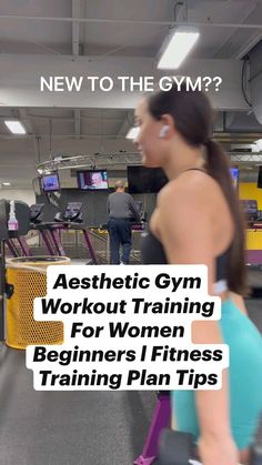 a woman riding a stationary exercise bike with the text, new to the gym? aesthetic gym workout training for women beginners 1 fitness training plan tips