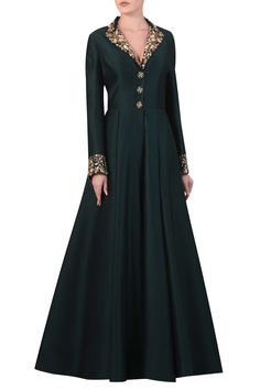 Buy Samant Chauhan Green Embroidered Collared Gown Online | Aza Fashions Luxury Unstitched Gown With Dori Work, Luxury Unstitched Zari Work Churidar, Luxury Long Churidar With Dabka Work, Luxury Churidar With Intricate Embroidery For Formal Events, Luxury Gown With Zari Work In Traditional Drape, Luxury Chanderi Gown, Luxury Long Churidar With Intricate Embroidery, Luxury Zari Work Maxi Dress For Wedding, Luxury Churidar For Reception In Maxi Length